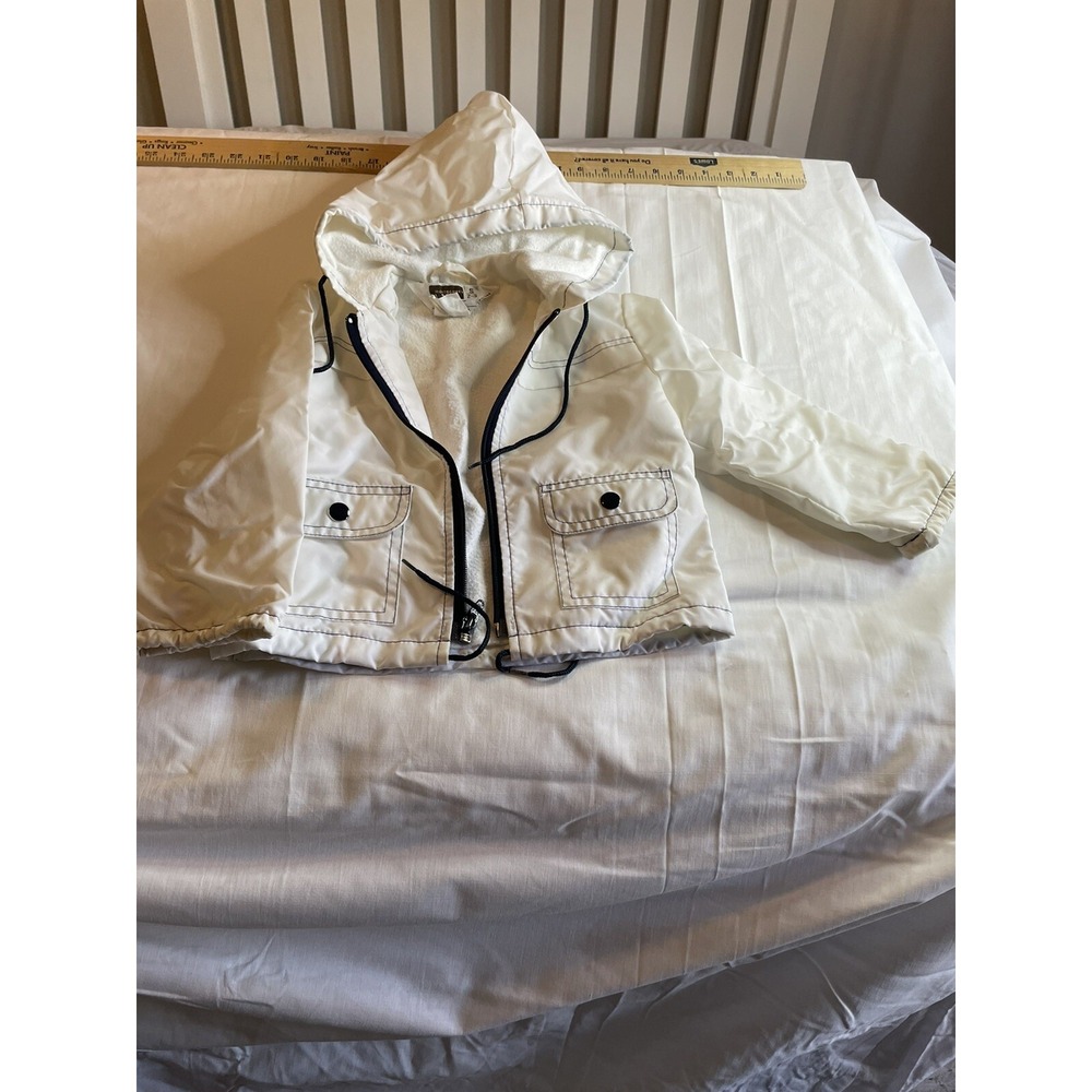 Child Raincoat Hood Sz 2-3 Montgomery Wards Zipped Jacket White With Black VTG